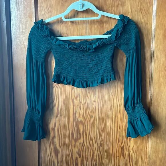 Olivaceous Long Sleeve Shirred Romantic Off the Shoulder Crop Top - Picture 1 of 7